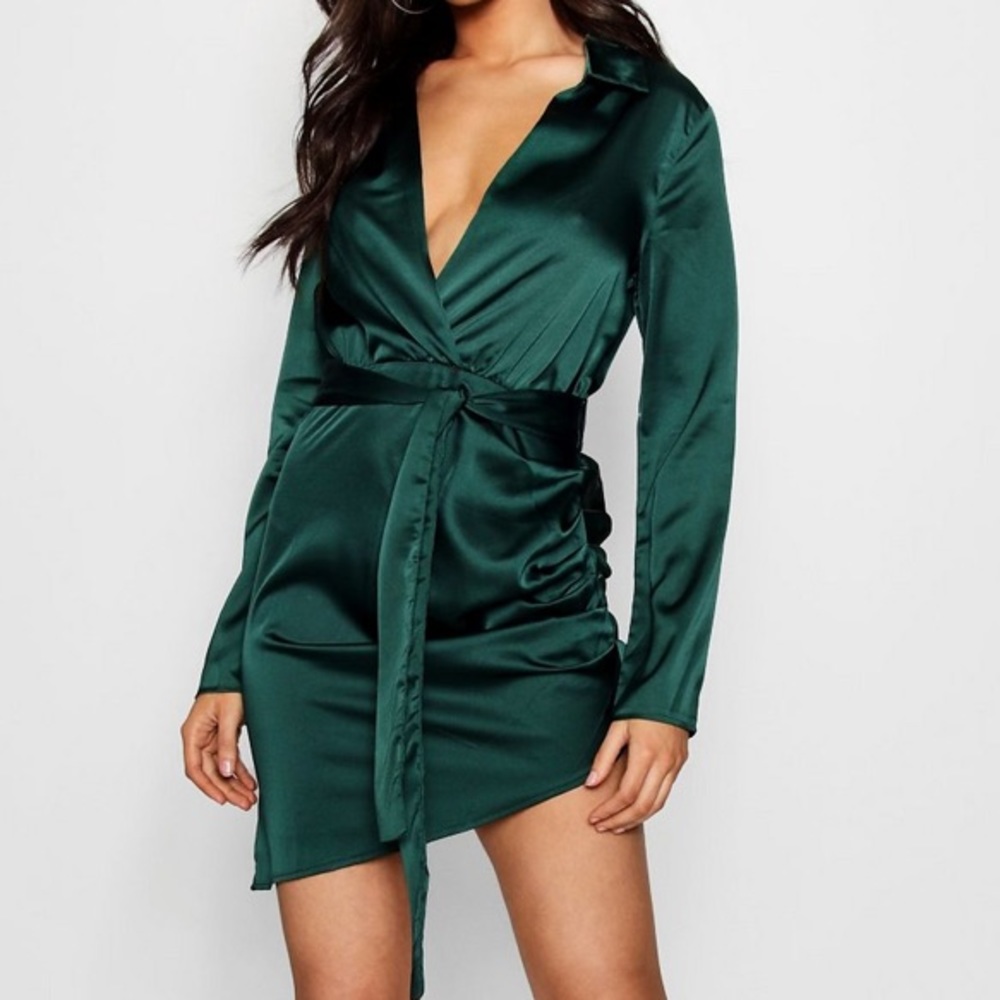 Boohoo satin emerald green dress